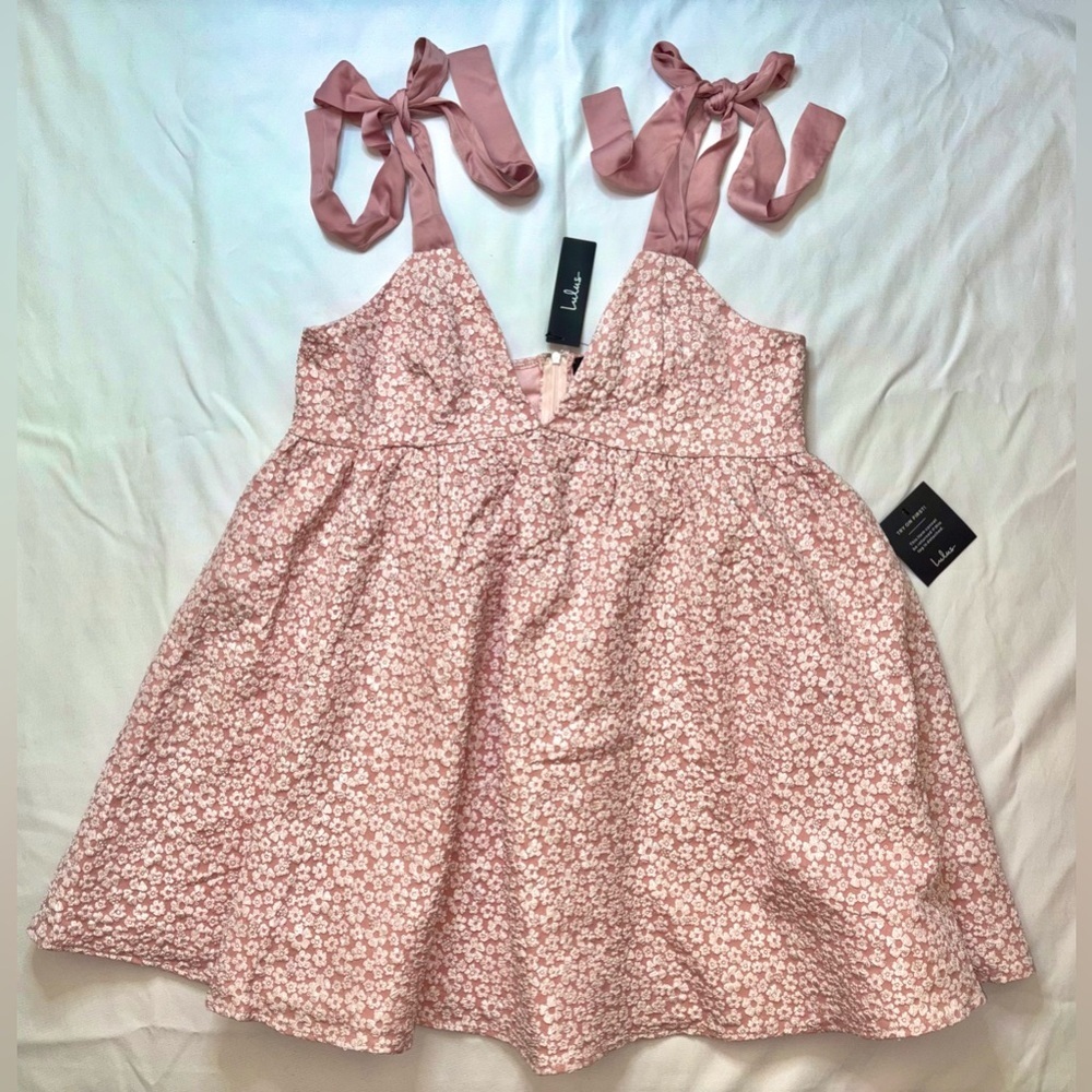Lulus NWT Size XL Darling Composure Pink Jacquard Sequin Tie Strap Mini Dress - Picture 3 of 9